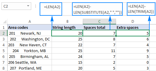 count spaces excel