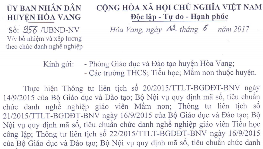 Công văn 956/UBND - huyện Hòa Vang. Bổ nhiệm chức danh nghề nghiệp(12/6/2017)