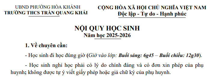 NỘI QUY HỌC SINH NĂM HỌC 2025-2026