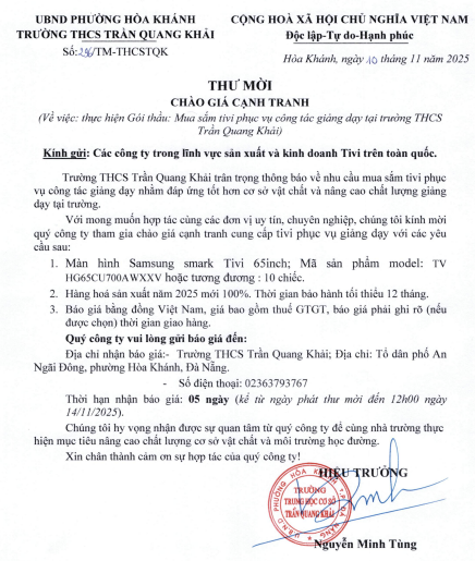Thư mời chào giá cạnh tranh - Về việc: thực hiện Gói thầu: Mua sắm tivi phục vụ công tác giảng dạy tại trường THCS Trần Quang Khải)