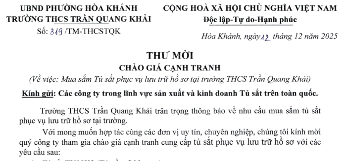 Thư mời chào giá cạnh tranh V/v Mua sắm Tủ sắt phục vụ lưu trữ hồ sơ tại trường THCS Trần Quang Khải